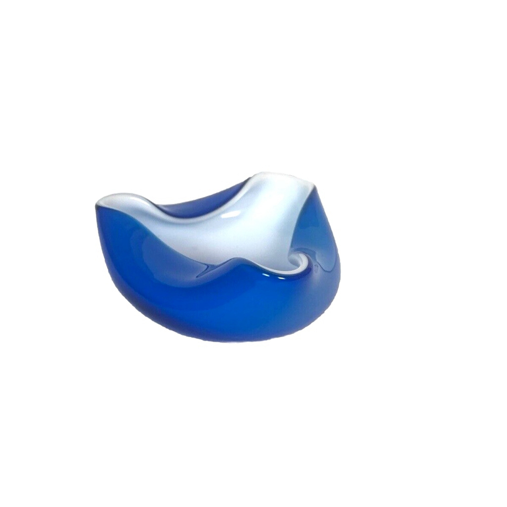 1970s Japanese Blue White Cased Glass Biomorphic Ashtray/Trinket Dish